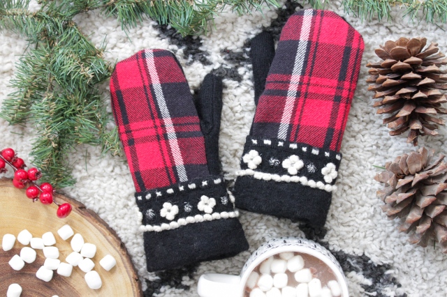 DIY mittens made from an upcycled flannel shirt